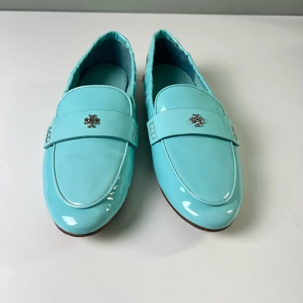 Tory Burch RARE Blue Silver Ballet Patent Leather Loafer Flat MistyAqua Spongy 5